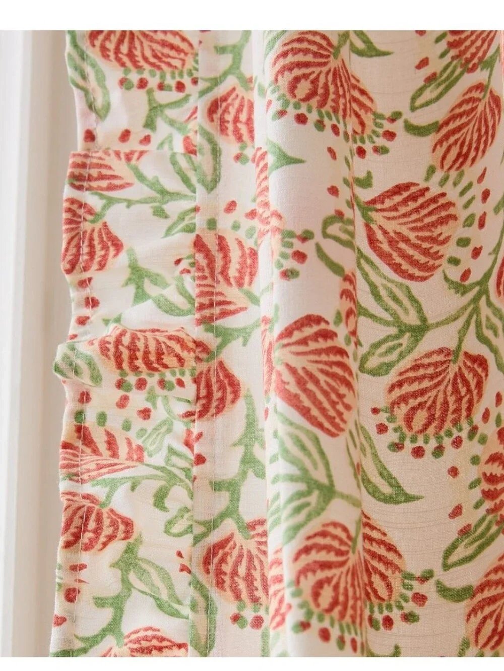 West Elm Vine Floral Ruffle Panel Curtain in Coral and Green set of 2 48